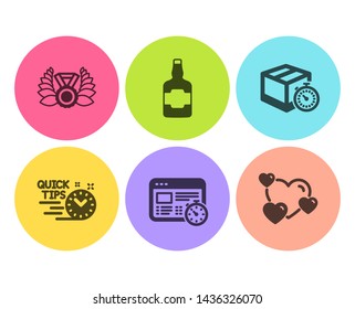 Web timer, Delivery timer and Laureate medal icons simple set. Whiskey bottle, Quick tips and Heart signs. Online test, Express logistics. Business set. Flat web timer icon. Circle button. Vector