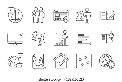 Web Timer, Feedback And Survey Line Icons Set. Computer, Globe And Idea Gear Signs. Product Knowledge, Analytics Chart And Horizontal Chart Symbols. Puzzle, World Money And Stats. Vector