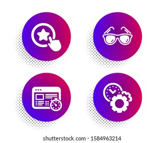 Web timer, Loyalty star and Sunglasses icons simple set. Halftone dots button. Time management sign. Online test, Bonus reward, Travel glasses. Settings. Business set. Vector