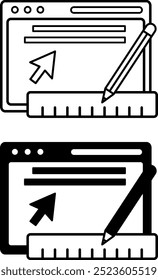 Web Tools Icons. Black and White Vector Icons. Website, Pencil, Ruler, and Mouse Cursor. Distance Learning, Online School, E-Learning. Online Education Concept