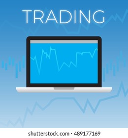 Web Trading Statistics Concept. Laptop Icon on Diagram Blue Gradient Background. Vector Flat Design.Tick Chart.Line Chart and Japanese candlesticks.