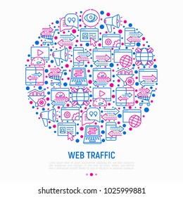 Web traffic concept in circle with thin line icons: SEO technology, data exchange, sync, click, mobile backup, traffic speed, sales growth. Modern vector illustration for print media, web page. 