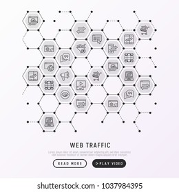 Web traffic concept in honeycombs with thin line icons: SEO technology, data exchange, sync, click, mobile backup, traffic speed, sales growth. Modern vector illustration for print media, web page. 