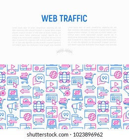 Web traffic concept with thin line icons: SEO technology, data exchange, sync, click, mobile backup, traffic speed, sales growth. Modern vector illustration for banner, print media, web page. 