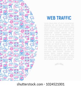 Web traffic concept with thin line icons: SEO technology, data exchange, sync, click, mobile backup, traffic speed, sales growth. Modern vector illustration for banner, print media, web page. 