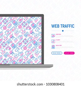 Web traffic concept with thin line icons: SEO technology, data exchange, sync, click, mobile backup, traffic speed, sales growth. Modern vector illustration for banner, print media, web page. 