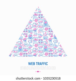 Web traffic concept in triangle with thin line icons: SEO technology, data exchange, sync, click, mobile backup, traffic speed, sales growth. Modern vector illustration for print media, web page. 