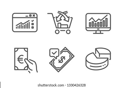 Web traffic, Cross sell and Accepted payment icons simple set. Finance, Statistics and Pie chart signs. Website window, Market retail. Finance set. Line web traffic icon. Editable stroke. Vector