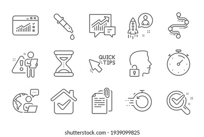 Web traffic, Document attachment and Timeline icons set. Accounting, Unlock system and Startup signs. Vector