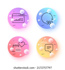 Tráfico web, mensaje Dots y donación de alimentos iconos de línea mínima. botones de esferas o bolas 3d. Iconos de 360 grados. Para web, aplicación, impresión. Ventana del sitio web, burbuja de chat, comida de caridad. Vector