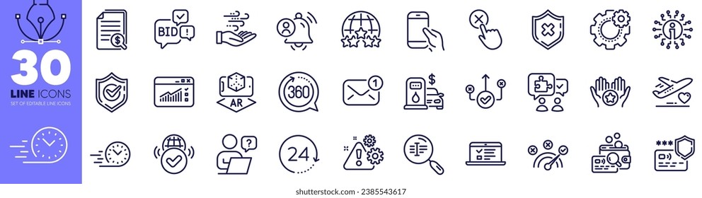 Web traffic, Hold smartphone and Search text line icons pack. Medical flight, Bid offer, Cogwheel web icon. Wind energy, Correct answer, Confirmed pictogram. Online question, New message, Info. Vector