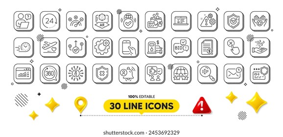 Web traffic, Hold smartphone and Search text line icons pack. 3d design elements. Medical flight, Bid offer, Cogwheel web icon. Wind energy, Correct answer, Confirmed pictogram. Vector