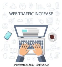 Web Traffic Increase concept. Web banners, promotional design. Strategy building, search engine optimization. Flat style and doodle icons in background, top view. Vector illustration.