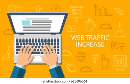 Web Traffic Increase. Developer working at a laptop. Flat style and doodle icons in background, top view. Vector illustration.