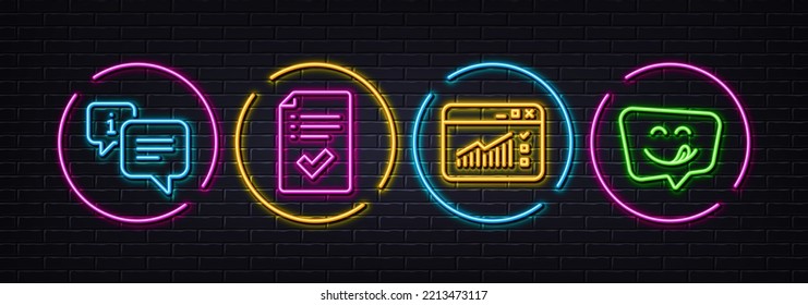 Web traffic, Info and Approved checklist minimal line icons. Neon laser 3d lights. Yummy smile icons. For web, application, printing. Website window, Information chat, Accepted message. Vector