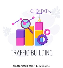 Web traffic. Internet traffic building infographic pictogram. Digital marketing strategy. Website promotion on Internet, increasing popularity. Flat vector illustration