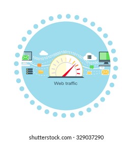 Web traffic internet icon flat isolated. Service feedback, network speed, computer optimization, communication and connection, data process, stream server illustration
