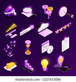 Web traffic isometric icons set with content optimization symbols isolated vector illustration
