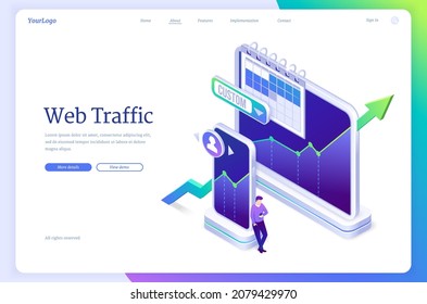 Internetverkehr isometrische Landungsseite. Kleiner Mann mit Smartphone an riesigen digitalen Geräten mit wachsenden Pfeil-Graphen, die gesendet und empfangen Daten von Besuchern auf Website. 3D-Vektorwebbanner