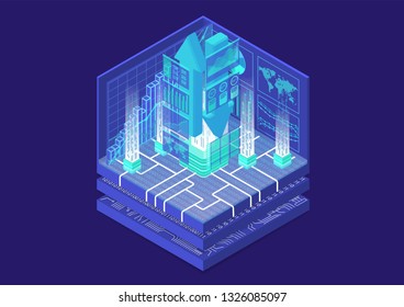 Web traffic monitoring concept with symbol of floating upload and download arrows and various monitoring dashboards as isometric 3d vector illustration. 
