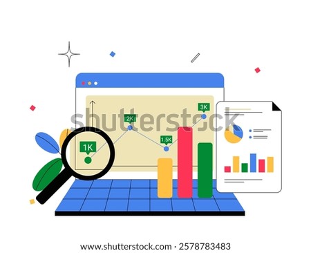 Web Traffic And SEO Performance Analysis In Flat Vector Illustration Symbolizing Digital Marketing, Website Optimization, And Online Growth, Isolated On White Background.