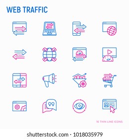 Web traffic thin line icons set: SEO technology, data exchange, sync, click, mobile backup, traffic speed, sales growth. Modern vector illustration. 