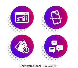 Web traffic, Time management and Smartphone waterproof icons simple set. Halftone dots button. Chat messages sign. Website window, Clock tags, Phone. Communication. Technology set. Vector