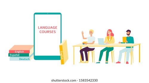 Web training or foreign language courses template with students on the online lesson vector illustration isolated on white background. Technology of distance education concept.