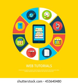 Web Tutorials Flat Infographic Concept. Vector Illustration of Distance Education Infographics Circle with Tablet and Circle Icons.