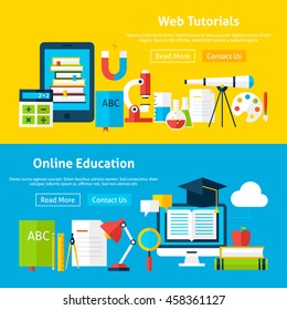 Web Tutorials and Online Education Flat Website Banners. Vector Illustration for Web banner and landing page. Set of School and Learning Services Modern Design.