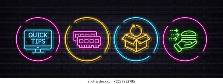 Web tutorials, Return package and Ram minimal line icons. Neon laser 3d lights. Food delivery icons. For web, application, printing. Quick tips, Exchange goods, Random-access memory. Vector