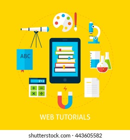 Web Tutorials Service Concept. Flat Design Vector Illustration. Online Education and School Studying Poster.
