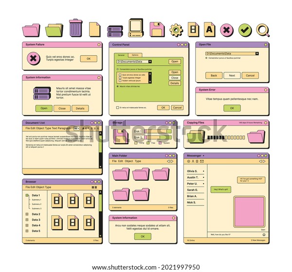 Web ui. 90s layout\
screen elements frame pages banners icons dividers and buttons\
garish vector ui templates