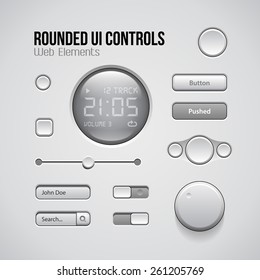 Web UI Controls Design Elements: Buttons, Switchers, On, Off, Player, Audio, Video: Play, Stop, Pause, Volume, Equalizer, Knobs, Progress Bar, Screen, Display 