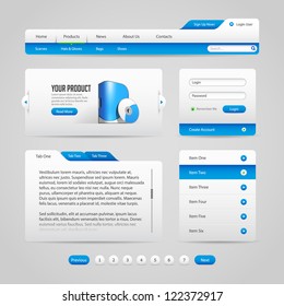Web UI Controls Elements Gray And Blue: Navigation Bar, Buttons, Slider, Message Box,  Loader, Pagination, Menu, Accordion, Tabs, Login Form, Search