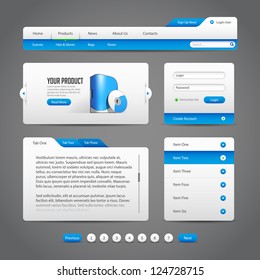 Web UI Controls Elements Gray And Blue On Dark Background: Navigation Bar, Buttons, Slider, Message Box, Loader, Pagination, Menu, Accordion, Tabs, Login Form, Search
