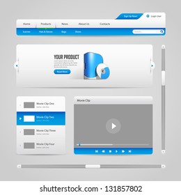 Web UI Controls Elements Gray And Blue On Light Background 2: Navigation Bar, Buttons, Slider, Message Box, Menu, Tabs, Login, Search, Menu, Scroll, Player, Video, Progress Bar, Play, Stop
