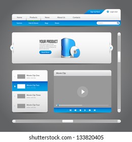 Web UI Controls Elements Gray And Blue On Dark Background 2: Navigation Bar, Buttons, Slider, Message Box, Menu, Tabs, Login, Search, Menu, Scroll, Player, Video, Progress Bar, Play, Stop