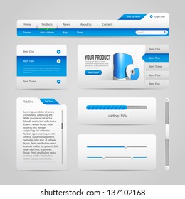 Web UI Controls Elements Gray And Blue On Light Background 3: Navigation Bar, Buttons, Slider, Message Box, Menu, Tabs, Login, Search, Menu, Scroll, Progress Bar, Accordion