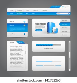 Web UI Controls Elements Gray And Blue On Dark Background 3: Navigation Bar, Buttons, Slider, Message Box, Menu, Tabs, Login, Search, Menu, Scroll, Progress Bar, Accordion