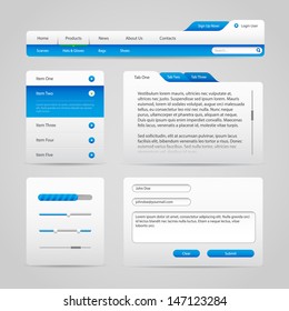 Web UI Controls Elements Gray And Blue On Light Background 4: Navigation Bar, Buttons, Slider, Message Box, Menu, Tabs, Input Text Area, Search, Scroll, Progress Bar, Accordion 