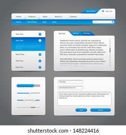 Web UI Controls Elements Gray And Blue On Dark Background 4: Navigation Bar, Buttons, Slider, Message Box, Menu, Tabs, Input Text Area, Search, Scroll, Progress Bar, Accordion 