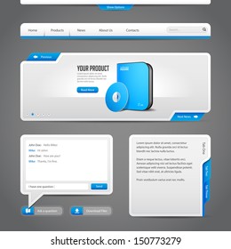 Web UI Controls Elements Gray And Blue On Dark Background: Navigation Bar, Buttons, Slider, Message Box, Chat, Menu, Tabs, Input Text Area, Search, Scroll, Download, Tooltip