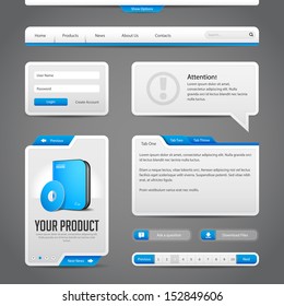 Web UI Controls Elements Gray And Blue On Dark Background: Navigation Bar, Buttons, Login Form, Slider, Message Box, Menu, Tabs, Input Area, Search, Scroll, Download, Tooltip, Pagination, Download