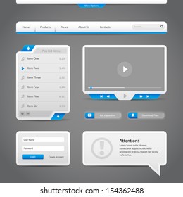 Web UI Controls Elements Gray And Blue On Dark Background: Navigation Bar, Buttons, Login Form, Play List, Message Box, Menu, Video Player, Play, Stop, Search, Download, Tooltip