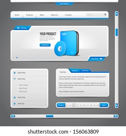 Web UI Controls Elements Gray And Blue On Dark Background: Navigation Bar, Buttons, Form, Slider, Message Box, Menu, Tabs, Search, Scroll, Download, Pagination, Download 