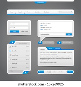 Web UI Controls Elements Gray And Blue On Dark Background: Navigation Bar, Buttons, Form, Slider, Message Box, Menu, Tabs, Search, Scroll, Download, Pagination, Chat, Play List