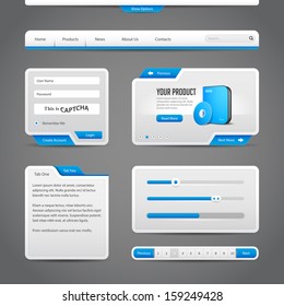 Web UI Controls Elements Gray And Blue On Dark Background: Navigation Bar, Buttons, Form, Slider, Message Box, Menu, Tabs, Search, Scroll, Download, Pagination, Volume, Equalizer, Loader, Progress