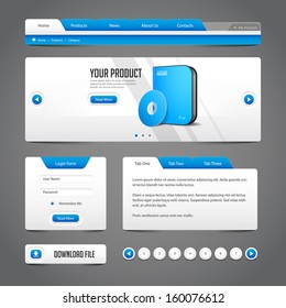 Web UI Controls Elements Gray And Blue On Dark Background: Navigation Bar, Buttons, Login Form, Slider, Message Box, Menu, Tabs, Input Area, Search, Scroll, Download, Tooltip, Pagination, Download 