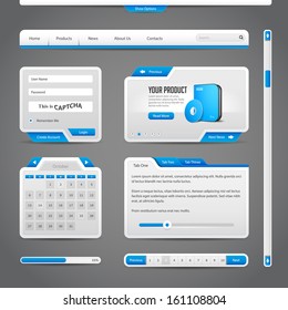 Web UI Controls Elements Gray And Blue On Dark Background: Navigation Bar, Buttons, Form, Slider, Message Box, Menu, Tabs, Search, Scroll, Download, Pagination, Calendar, Equalizer, Loader, Progress 